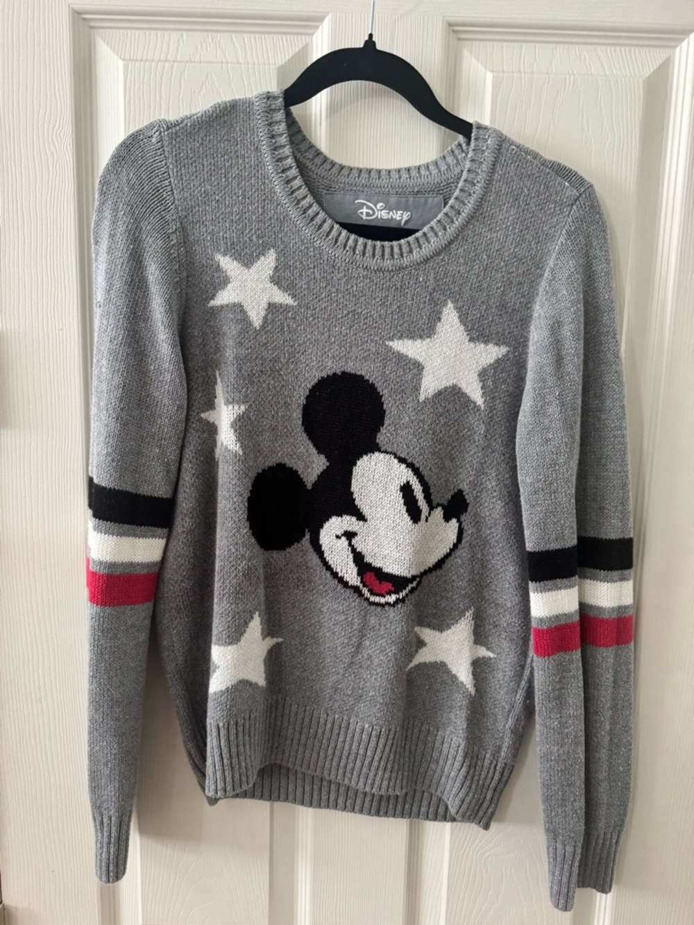 Disney Gray Mickey Mouse Star Sweater with Red Stripe Detail